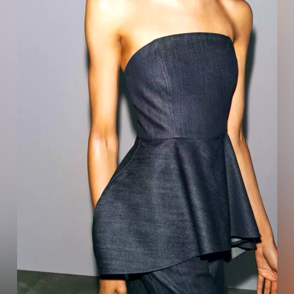 ZARA Dark Blue Denim Strapless Asymmetric Hem Top - Size L - NEW